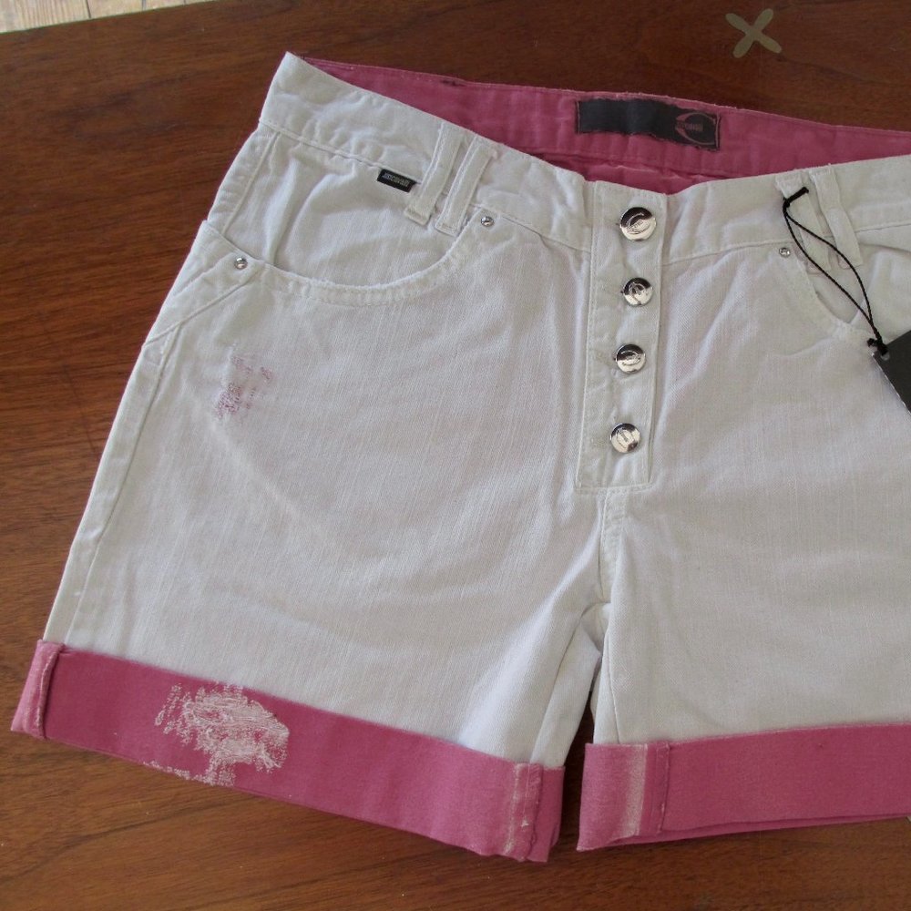 NWT- Just Cavalli -White  w/  Pink under dye shorts w/ exposed button fly & rips